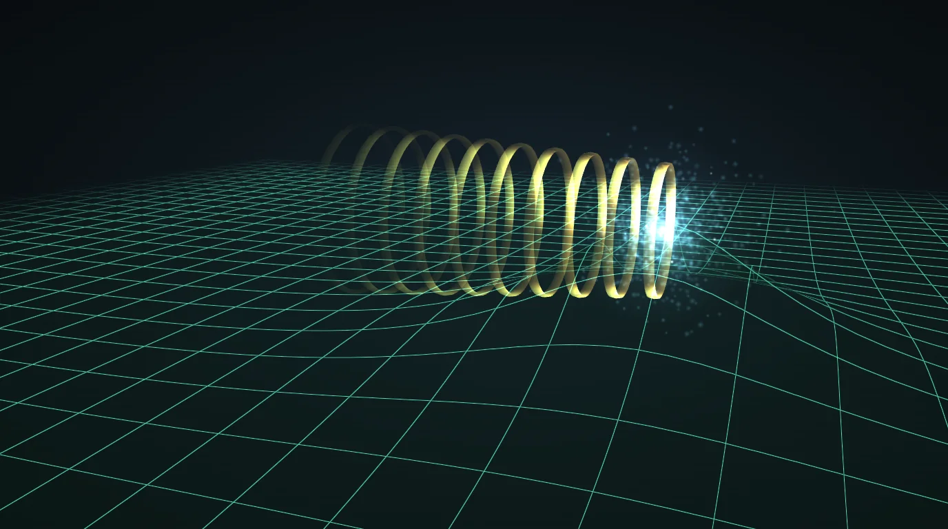 3D still from the course: an electron moving across the electric field, drawn as a stretched teal grid, with gold rings of magnetic field trailing behind it
