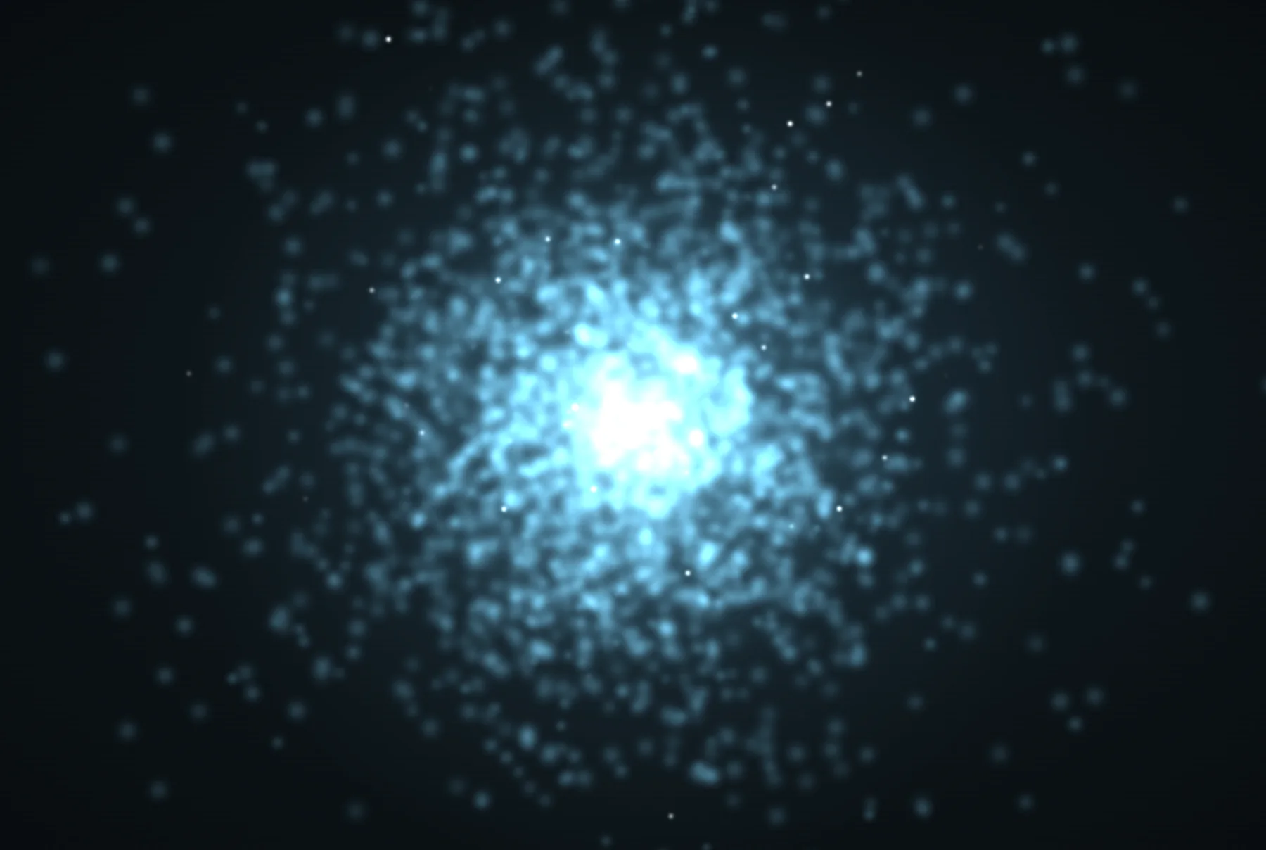 3D still from the course's first episode: an electron drawn as a glowing blue blur, brightest in the middle and fading out at the edges